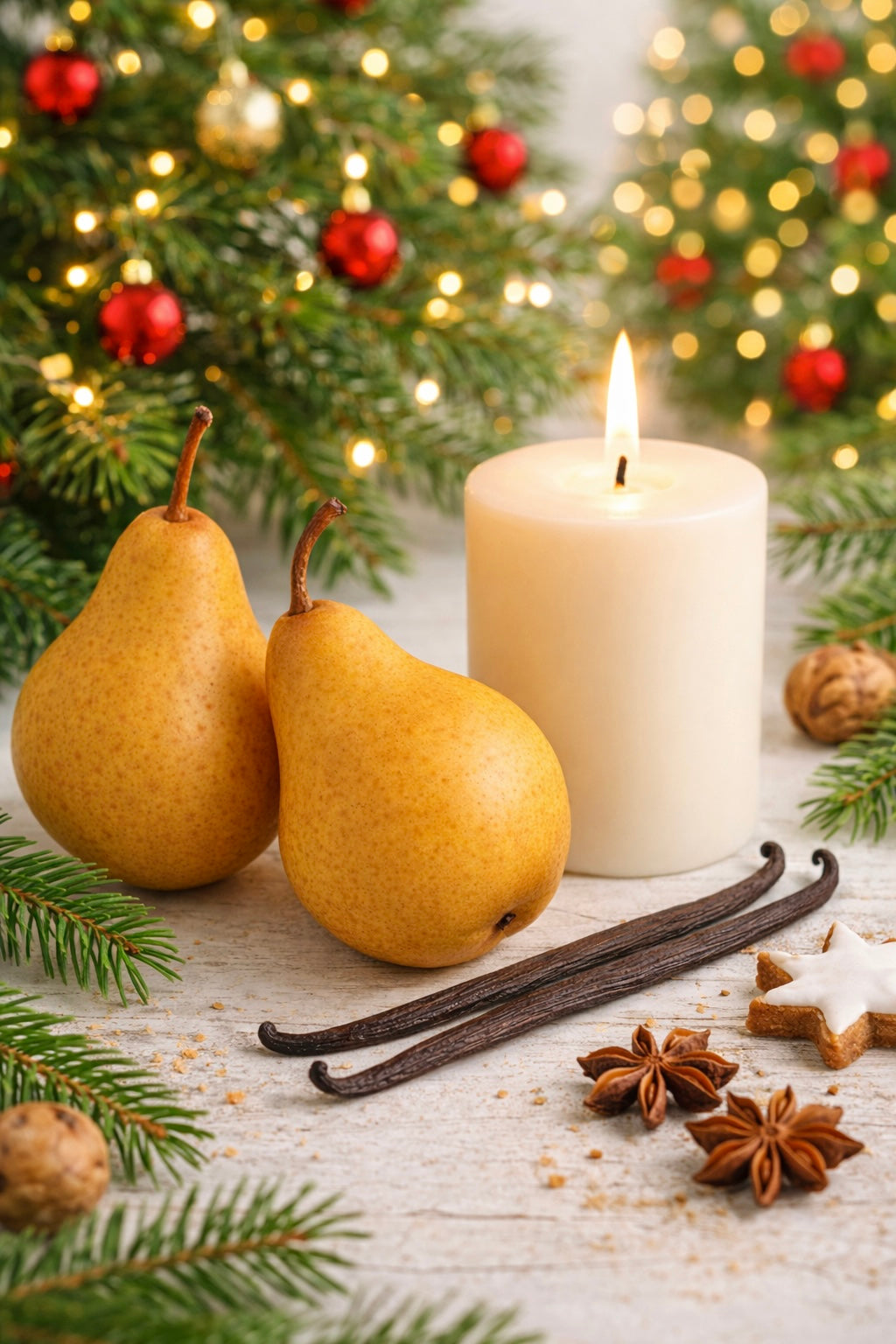 Christmas candle fragrance oil | Two pears, a candle, vanilla beans, and star anise on a table with Christmas trees in the background.