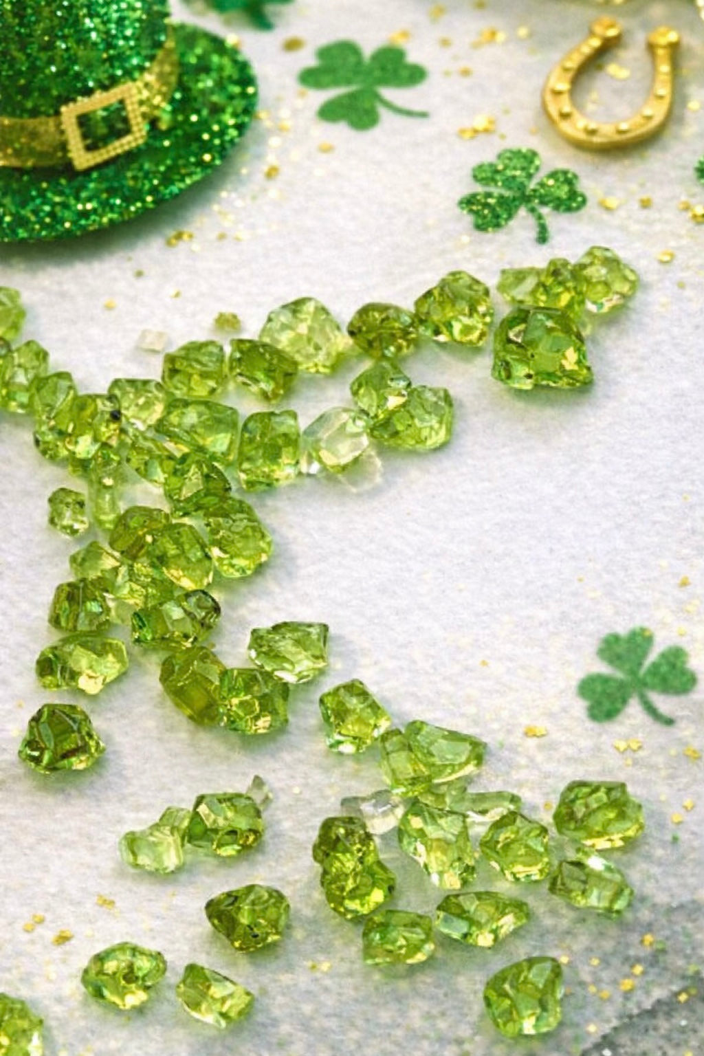 Green period or chips with shamrock leaves and a gold horseshoe on a white background