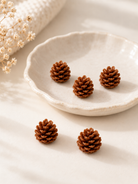 Four small brown pinecones arranged on a light beige ceramic plate and surface, with dried white flowers in the corner of a softly lit neutral setting.