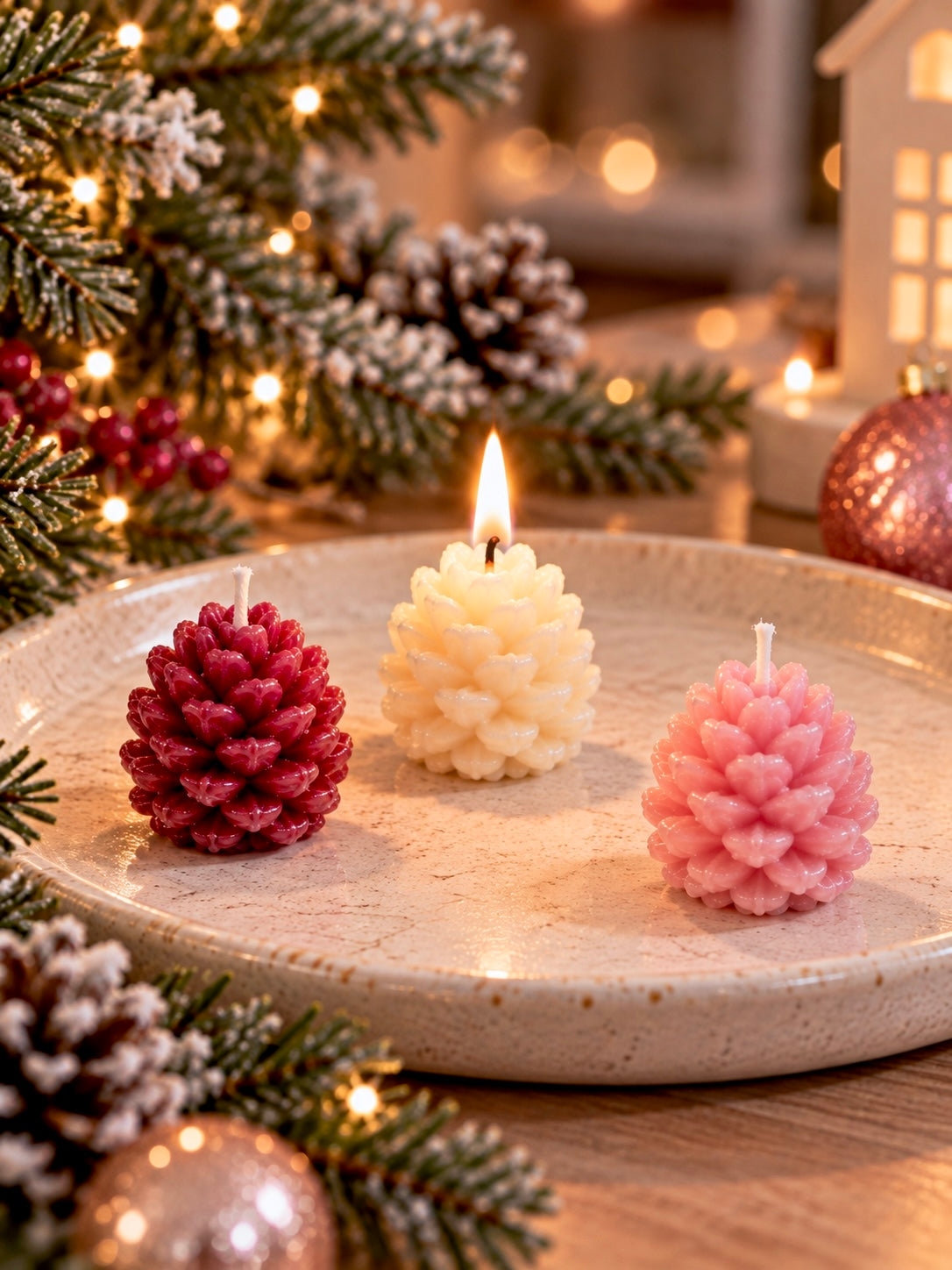 Three pinecone candles
One creamy white, one plum coloured and one pink on a plate. Christmas decor is in the background 