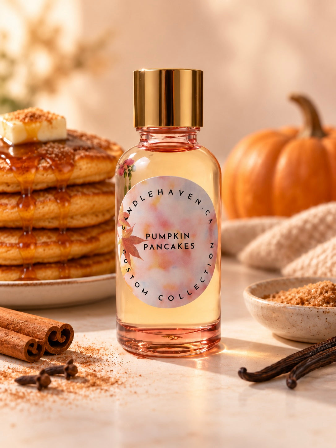 A bottle of Candlehaven.ca’s Pumpkin Pancakes fragrance oil for candle making amidst pancakes and fall decor 
