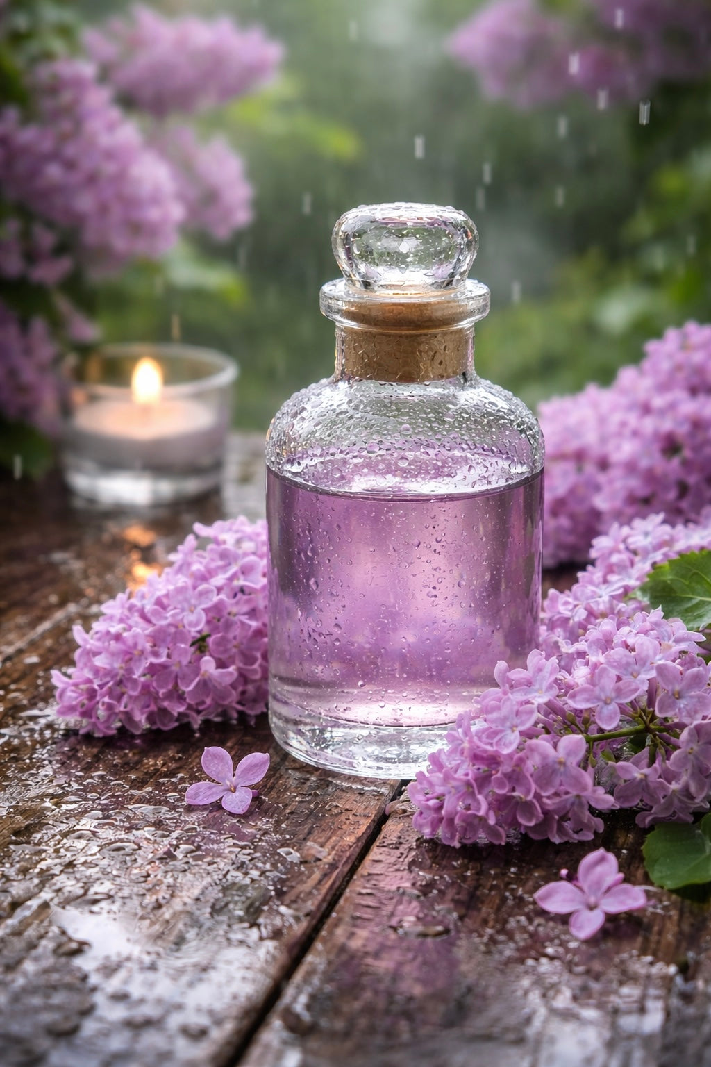 Lilac Rain Fragrance oil bottle surrounded by lilac flowers and a lit candle.