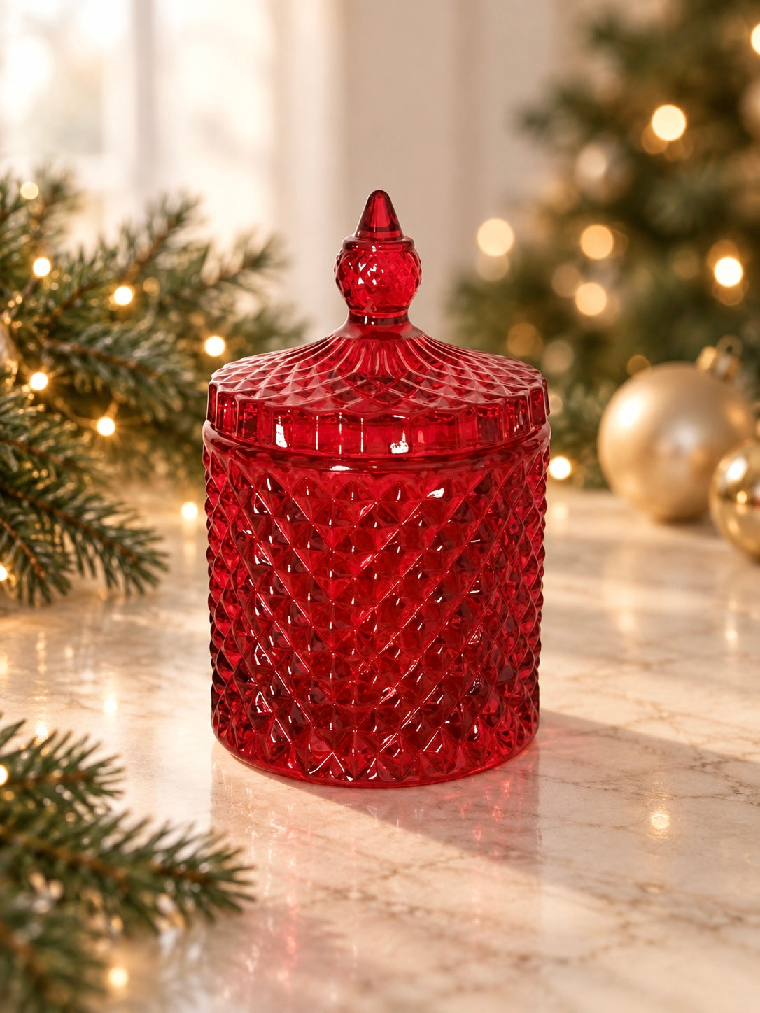 Red candle vessel with pointed lid on top on a Christmas styled background 