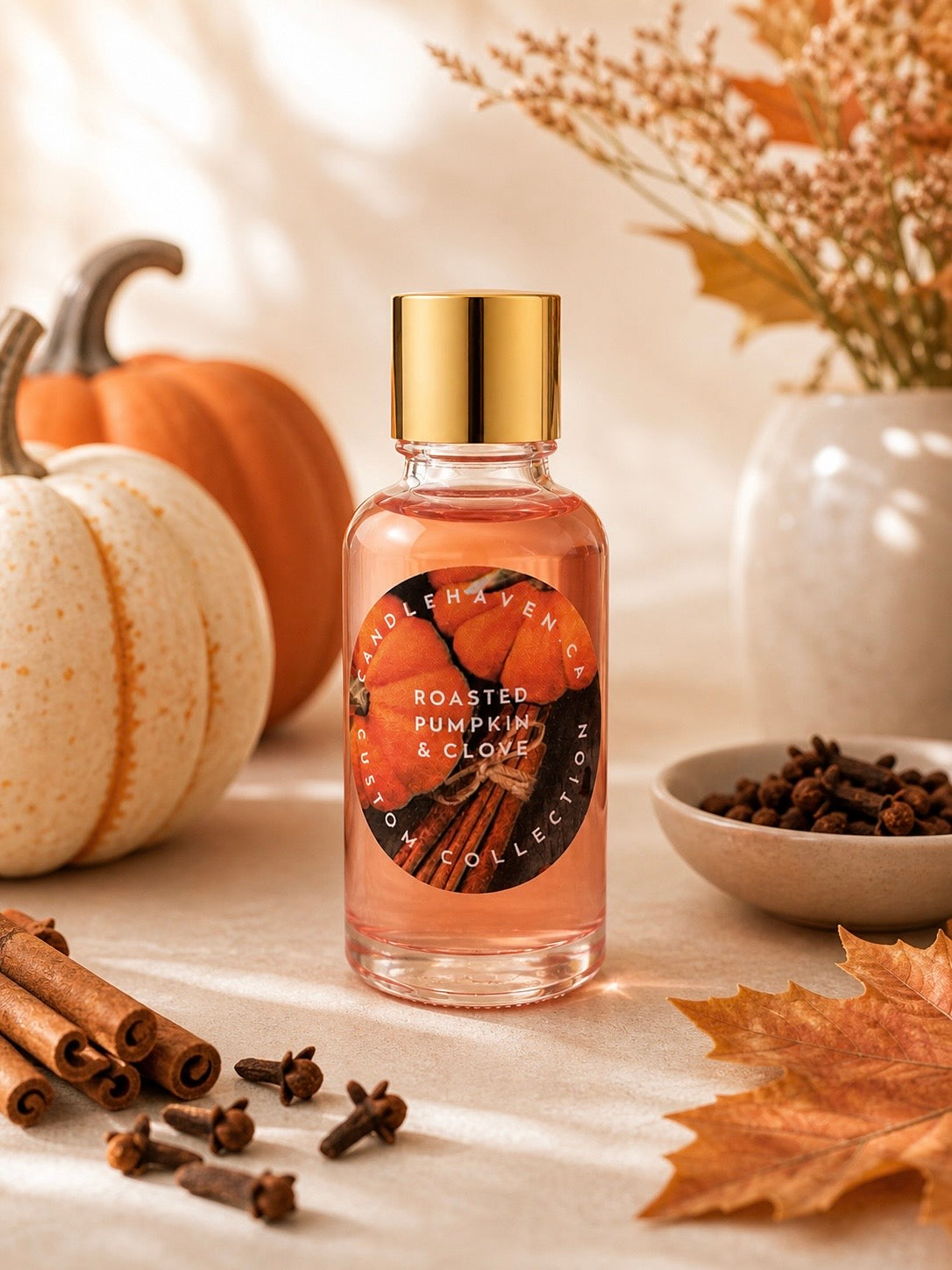 Bottle of Roasted Pumpkin Clove fragrance oil by Candlehaven.ca for making candles, on a light background with fall props. 