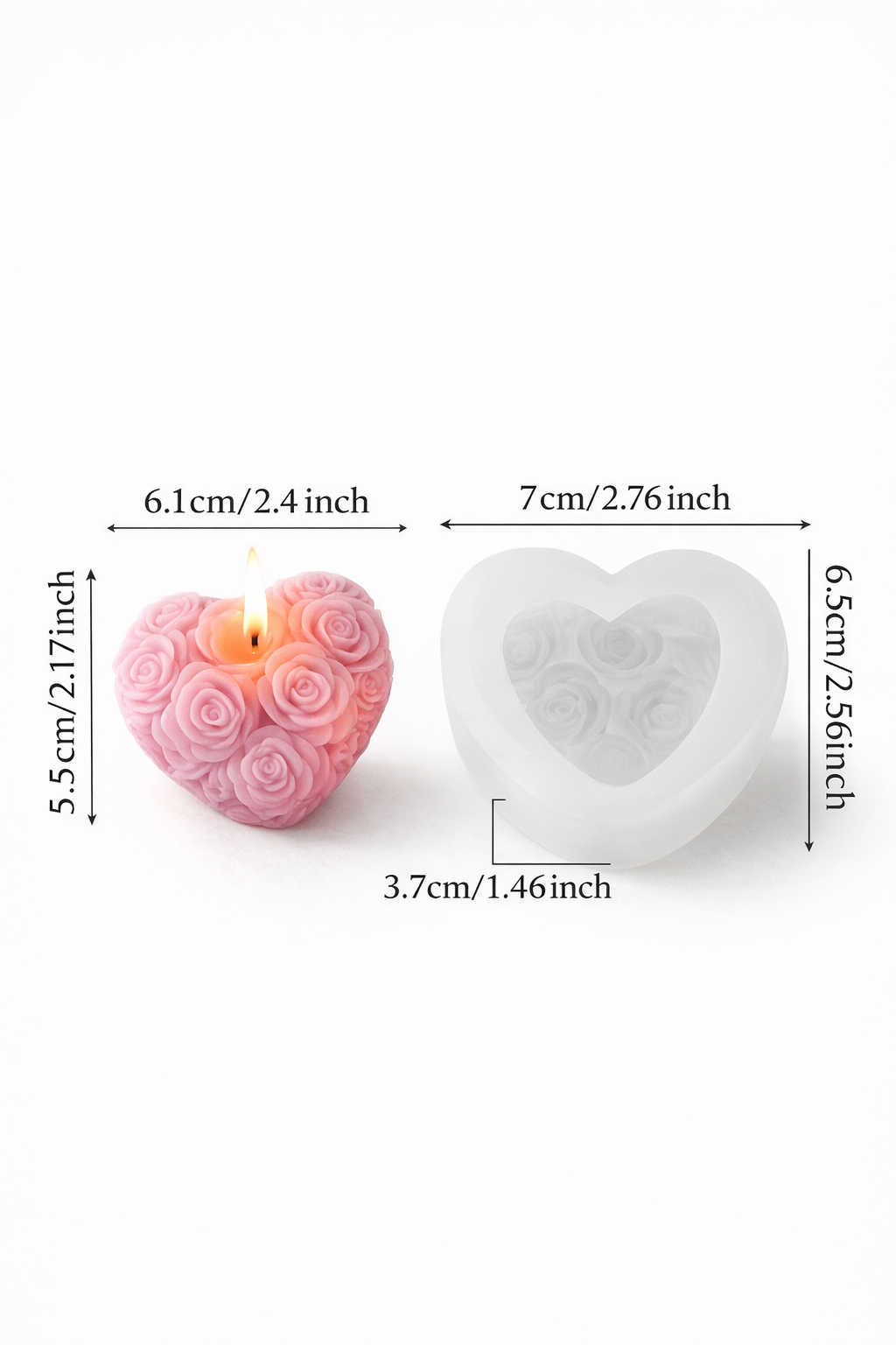 Heart-shaped and rose-patterned silicone molds with measurements on a white background
