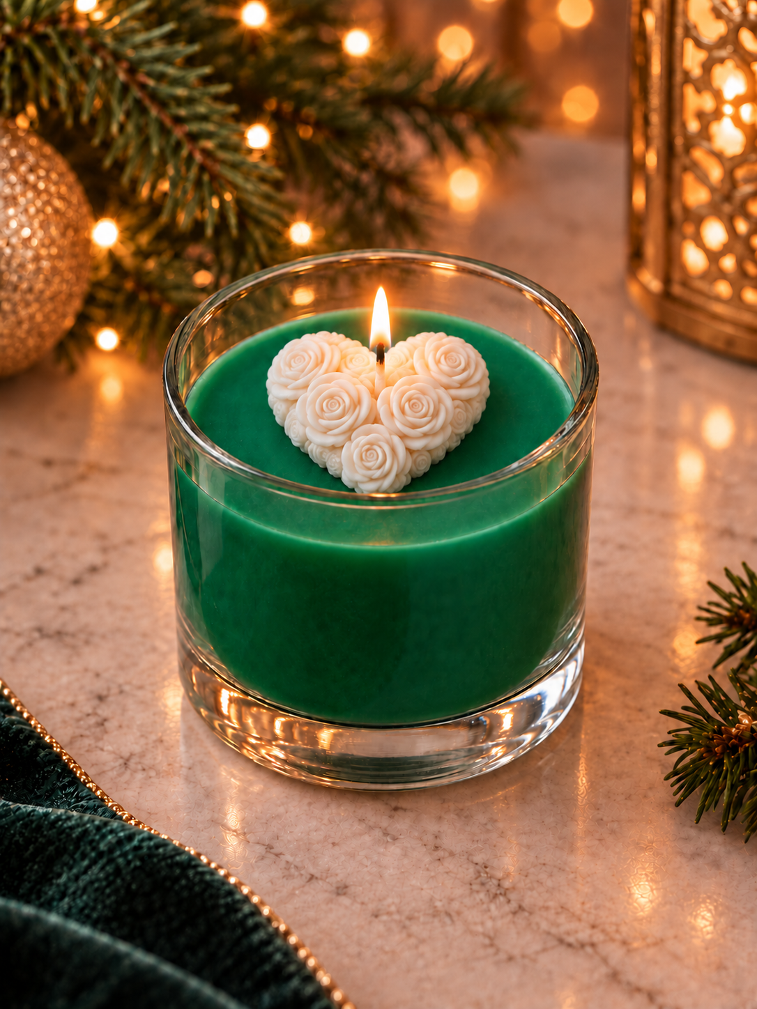 A green candle in a clear glass jar with a white heart-shaped rose wax topper, lit and set on a marble surface with warm holiday lights and pine branches in the background.