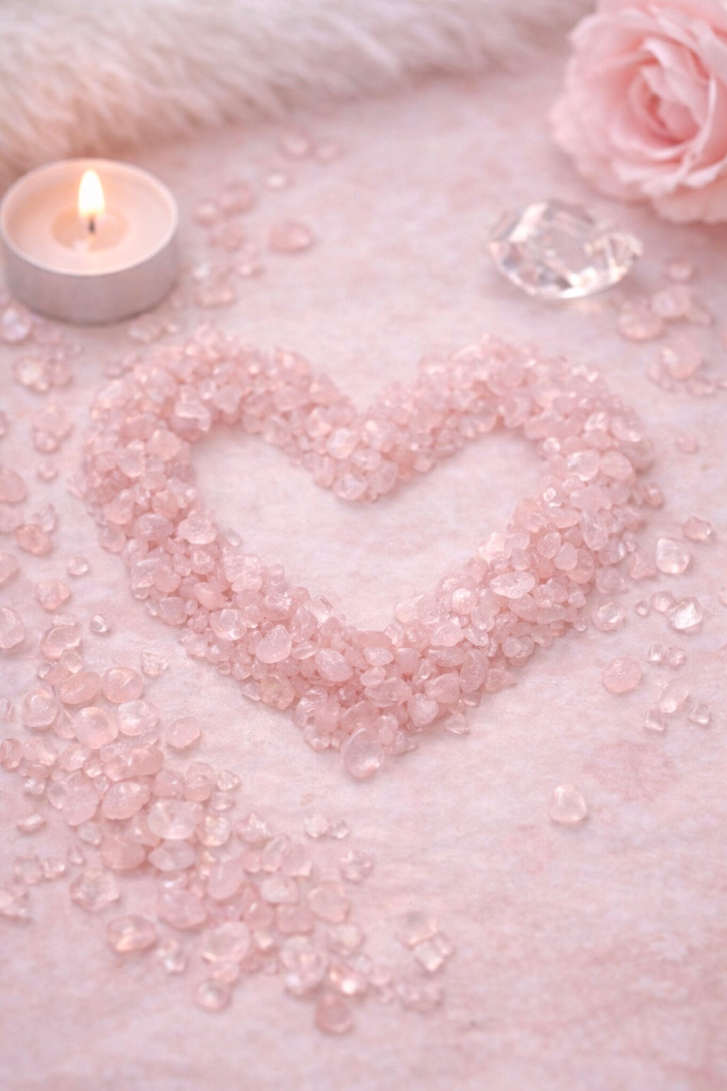Heart shaped arrangement of rose quartz chips used for candle making  with a lit candle and rose on on a soft surface