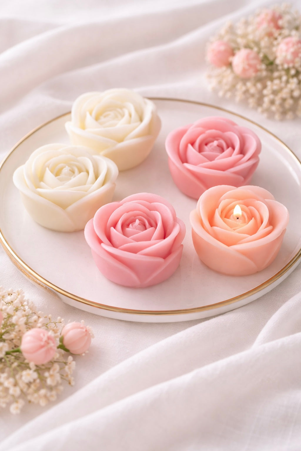 Rose candles in different colour with flowers in the background 