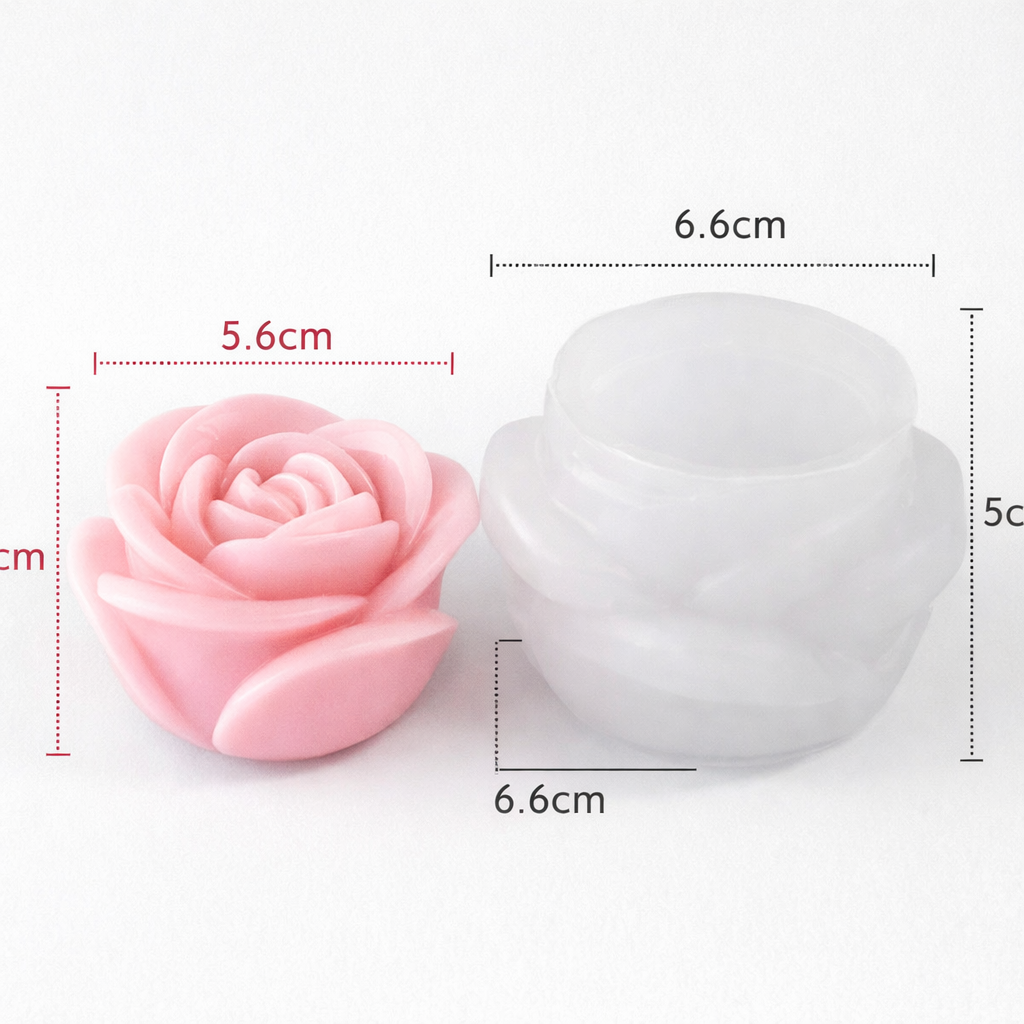 Rose silicone Mold and rose candle  showing dimensions for candle and soap making 