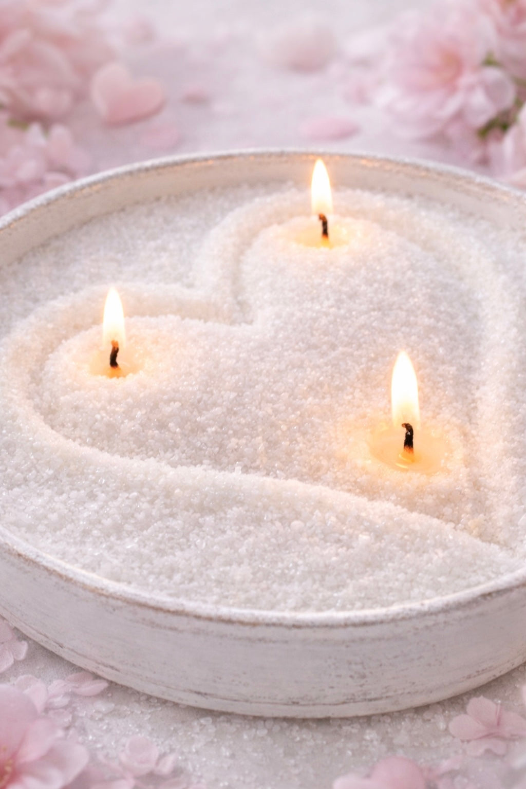 Sand wax in a white bowl shaped into a heart design with three lit wicks | Sand wax is made from palm wax