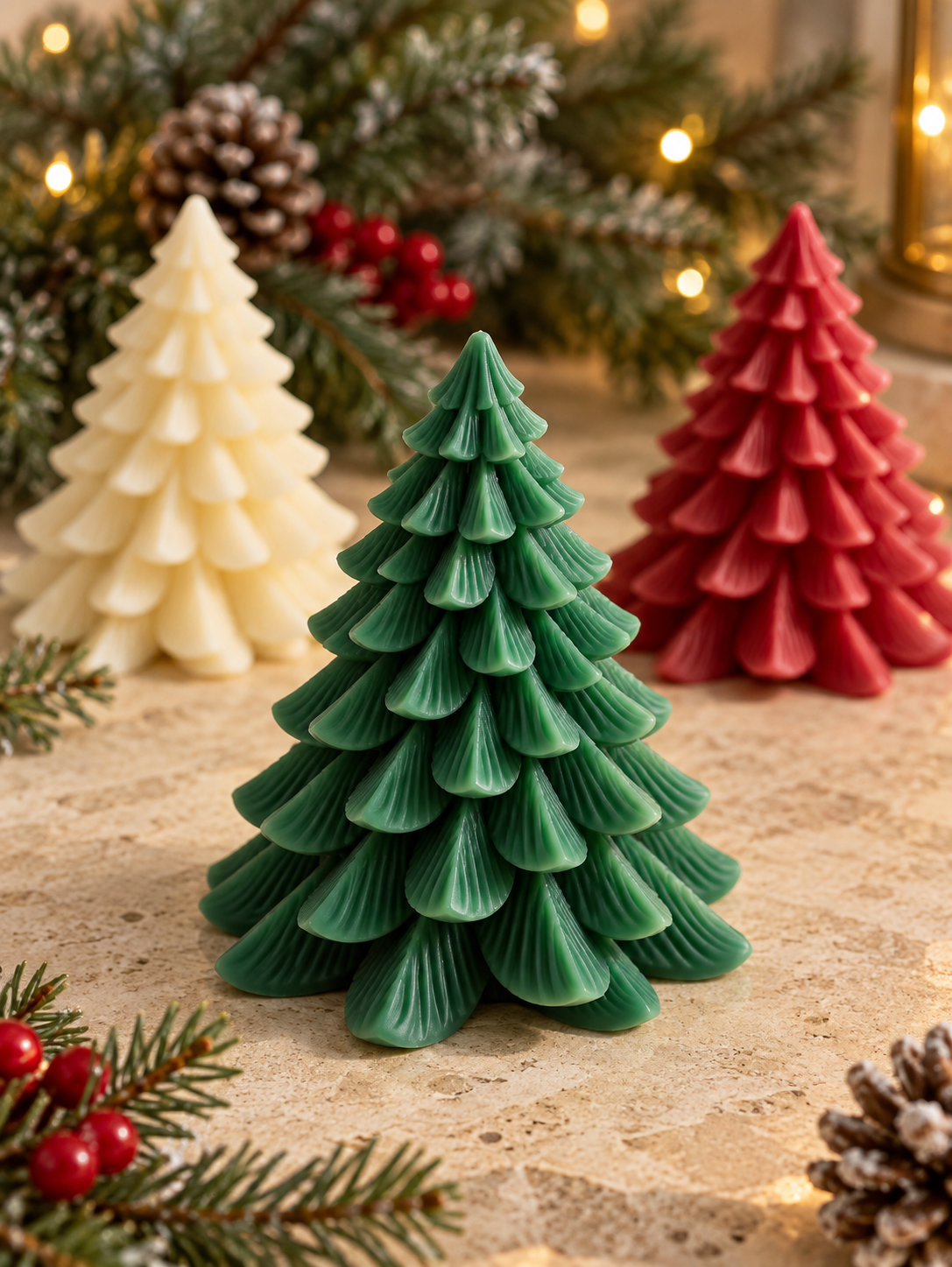 Christmas trees wax candles in a Christmas themed background