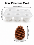 White six-wick mini pinecone mold shown with dimension arrows and text, plus a brown pinecone candle example below on a white background.
