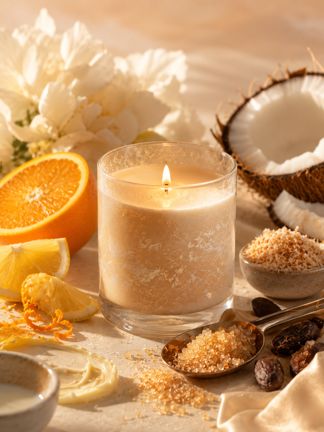 A lit candle in a clear glass jar sits on a warm beige surface surrounded by spa-like ingredients, including a sliced orange, white flowers, a halved coconut, sugar in spoons, and dried botanicals. The image depicts fragrance oil Silk & Sugar by Candlehaven used in candle making.