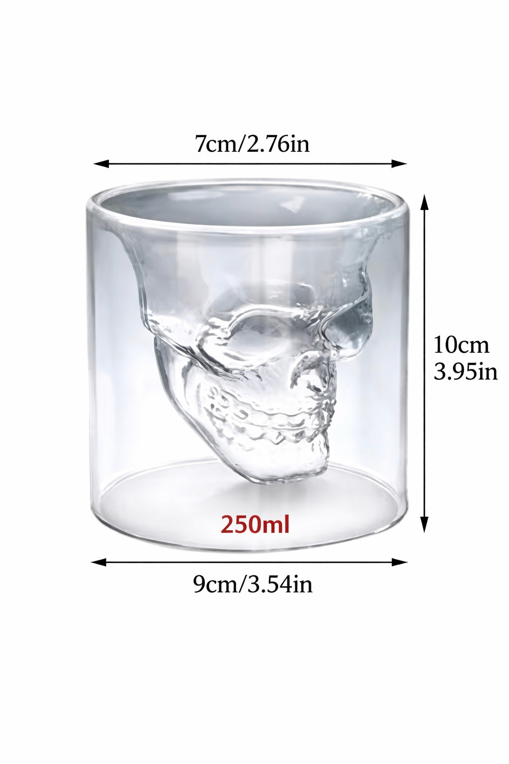 Glass skull shaped candle vessel with measurements on a white background