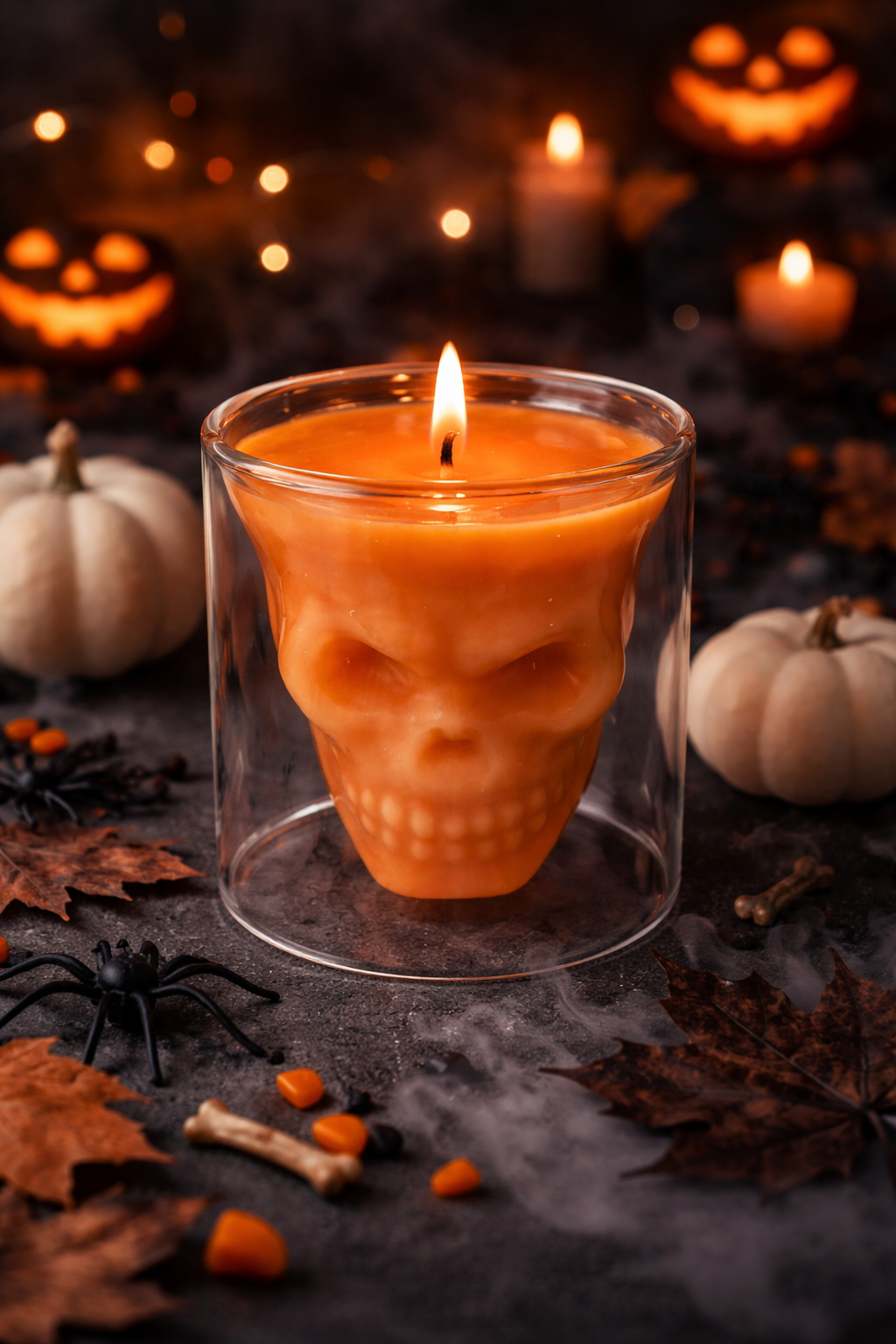 Skully candle vessel of borosilicate glass with Halloween decorations in the background