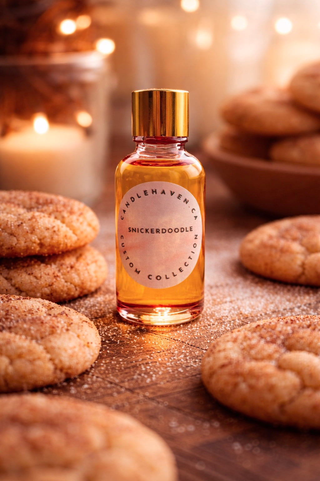Bottle of Candlehaven’s Snickerdoodle fragrance oil for candle and soap making on a wooden surface with cookies around