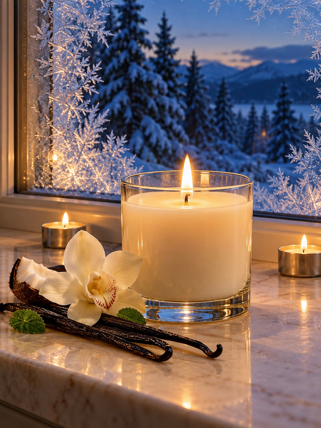 A white candle scented with Vanilla Snowflake fragrance oil in front of a snowflake crusted window showing a winter scene outside. 