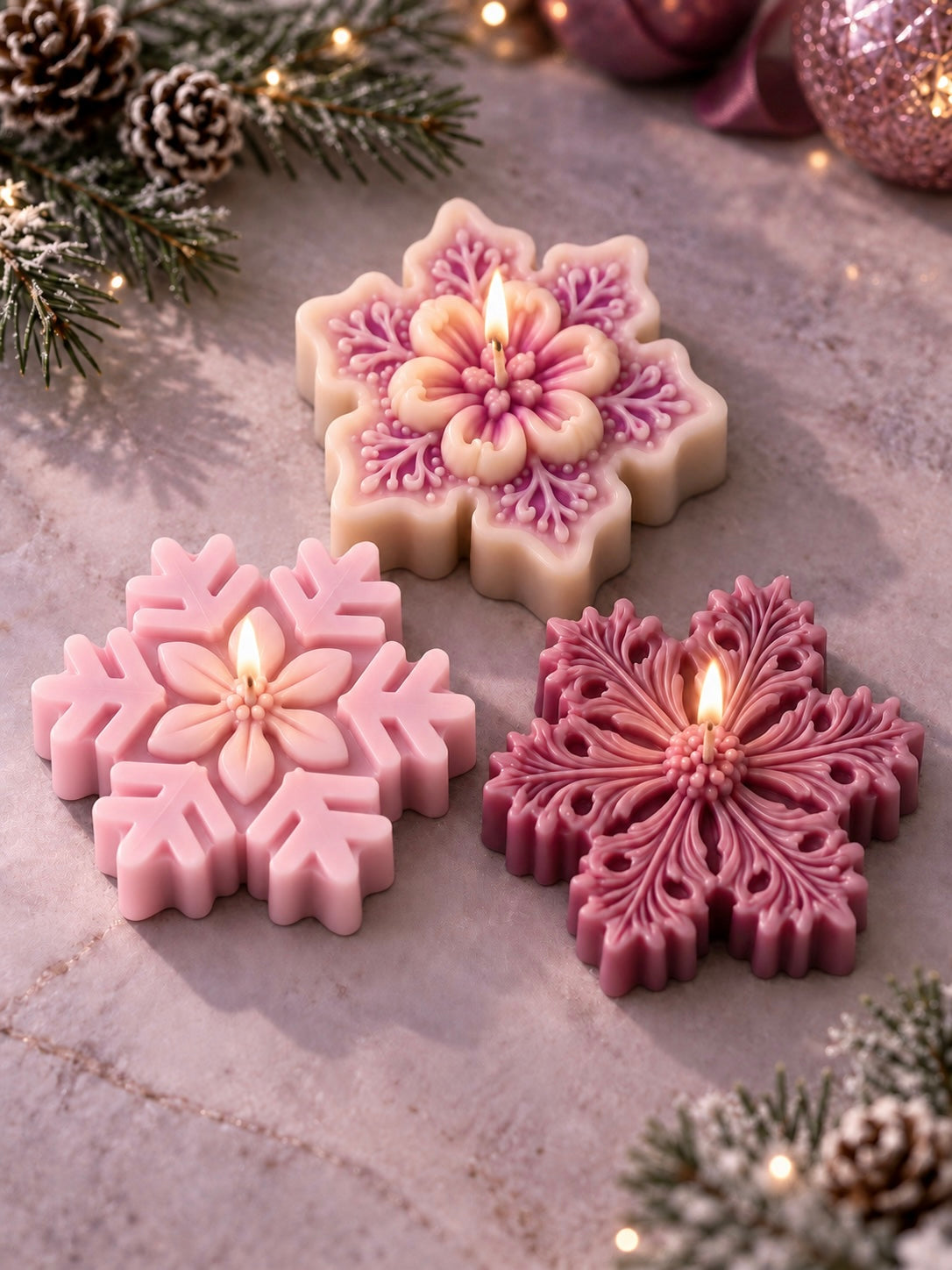 Three lit snowflake candles in blush pink, lavender and plum, made with decorative snowflake candle molds and displayed on a softly styled Christmas tabletop.