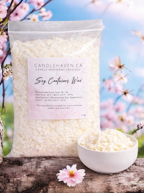 Bag of Candlehaven.ca soy container wax with a bowl of wax and flowers in the background