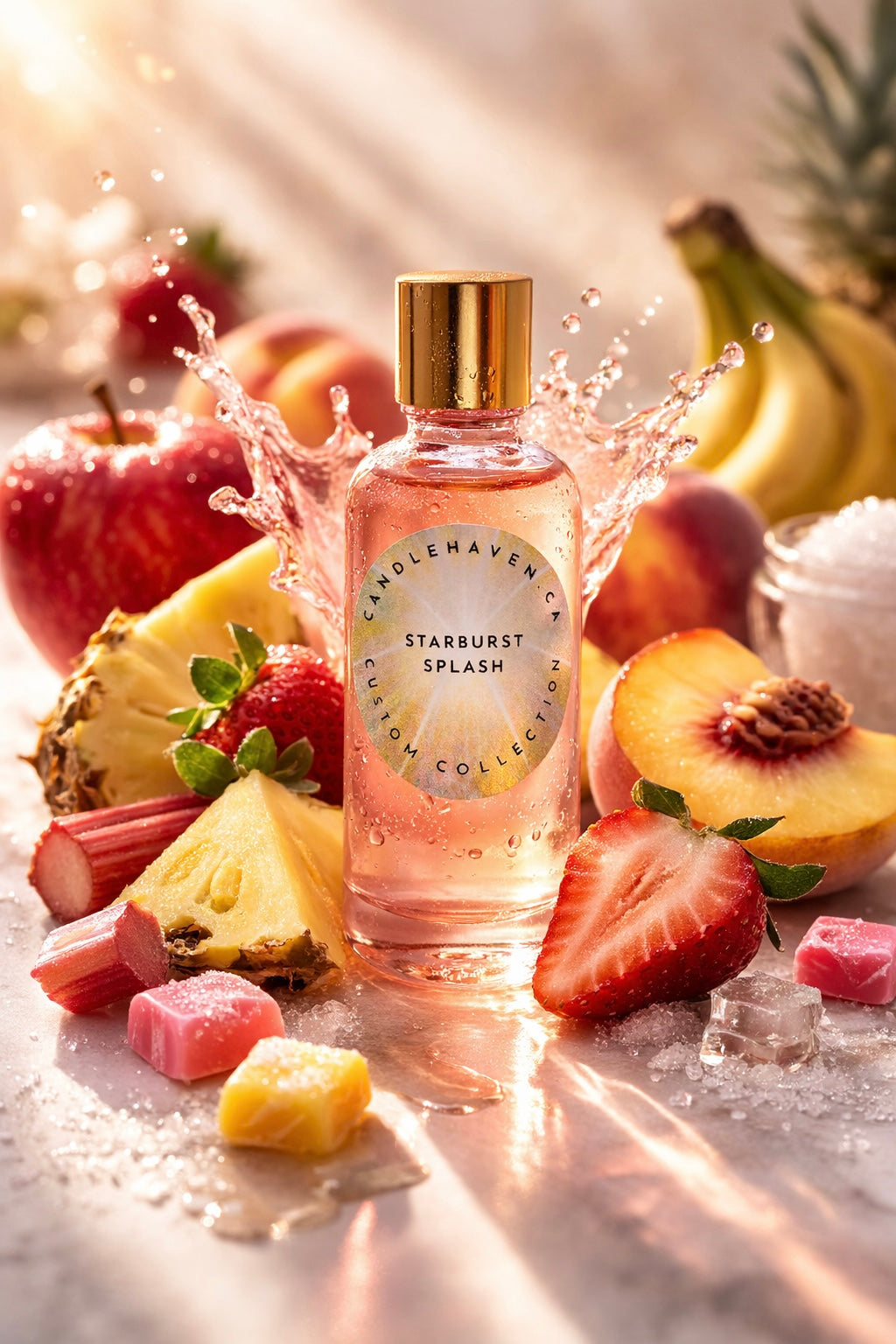 Fragrance oil bottle labeled 'Starburst Splash' surrounded by fruits and ice on a marble surface.