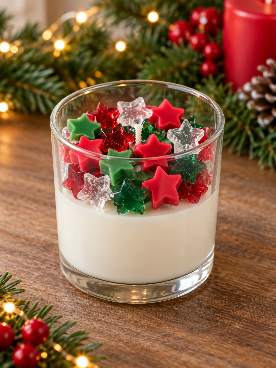 A festive candle on a festive background with wax stars in top of a bed of white wax 