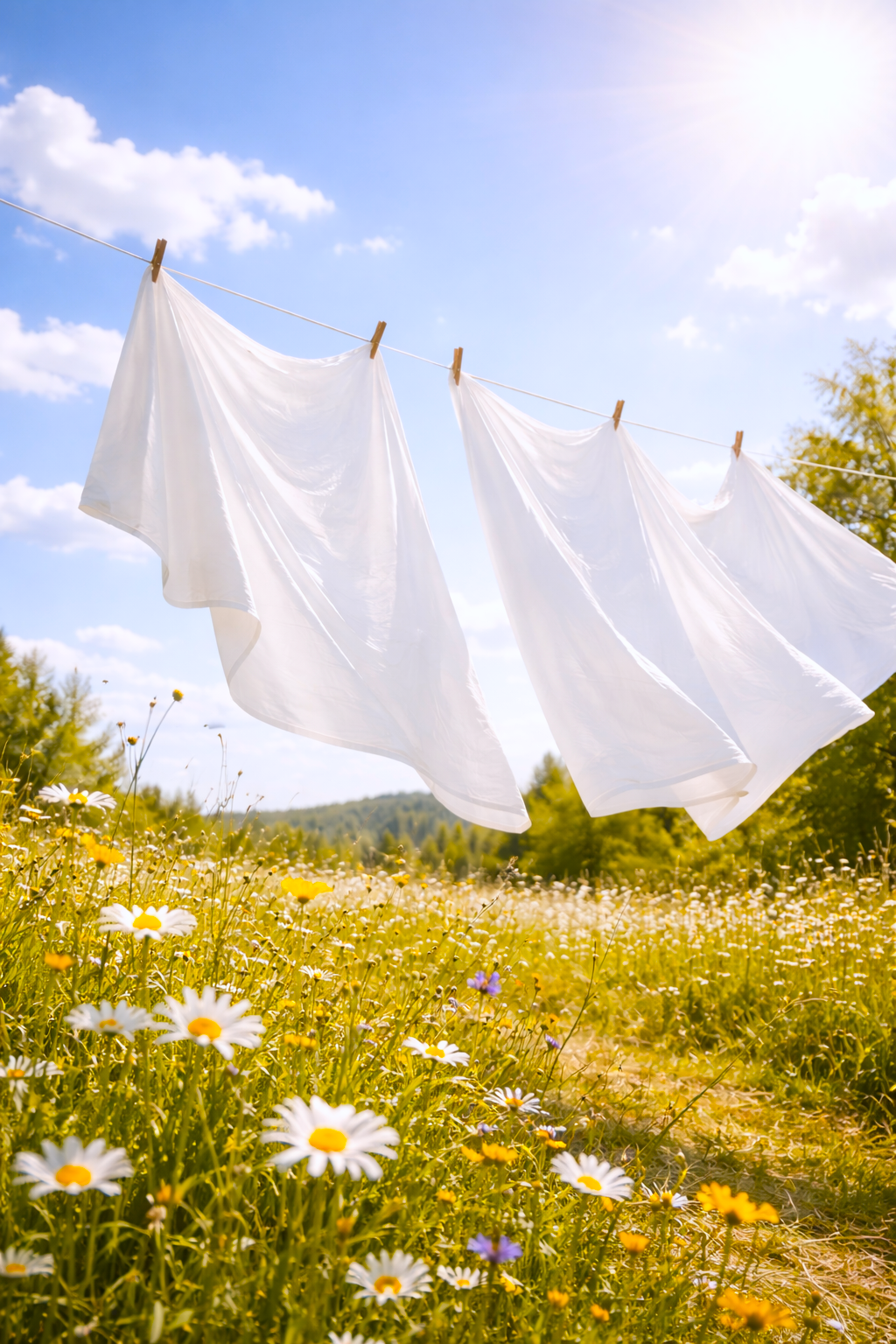 Fresh linen fragrance depicting white sun dried clothes hanging on a clothesline in a field with flowers and trees.