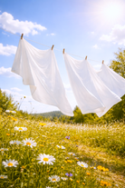 Fresh linen fragrance depicting white sun dried clothes hanging on a clothesline in a field with flowers and trees.