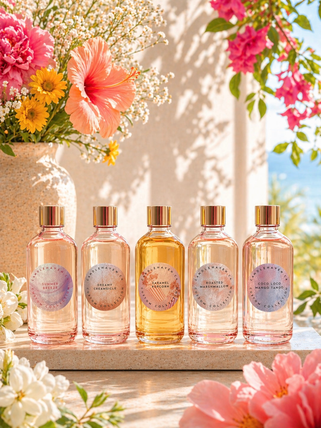 Five candle fragrance oil bottles with circular labels on a wooden surface, surrounded by flowers.