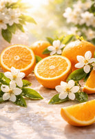 Oranges with white flowers and green leaves on a textured surface