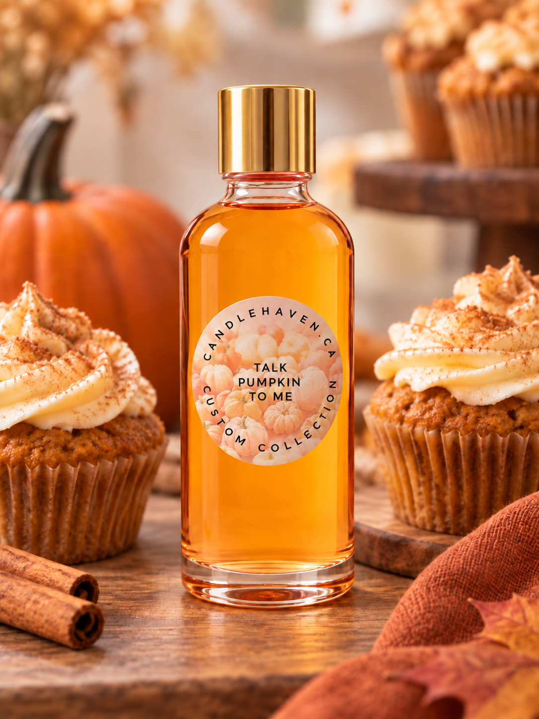 Candle fragrance oil called Talk Pumpkin To Me by Candlehaven.ca is pictured on a brown wooden surface beside pumpkin buttercream muffins