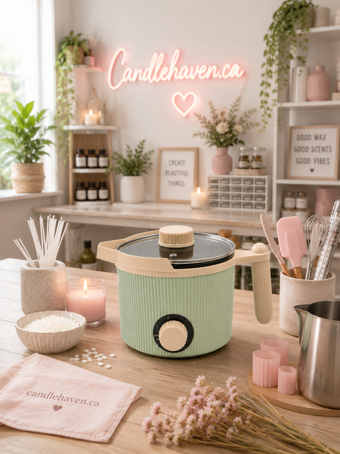 Green wax melter on a wooden table with 'Candlehaven.ca' branding, surrounded by decorative items.