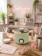 Green wax melter on a wooden table with 'Candlehaven.ca' branding, surrounded by decorative items.