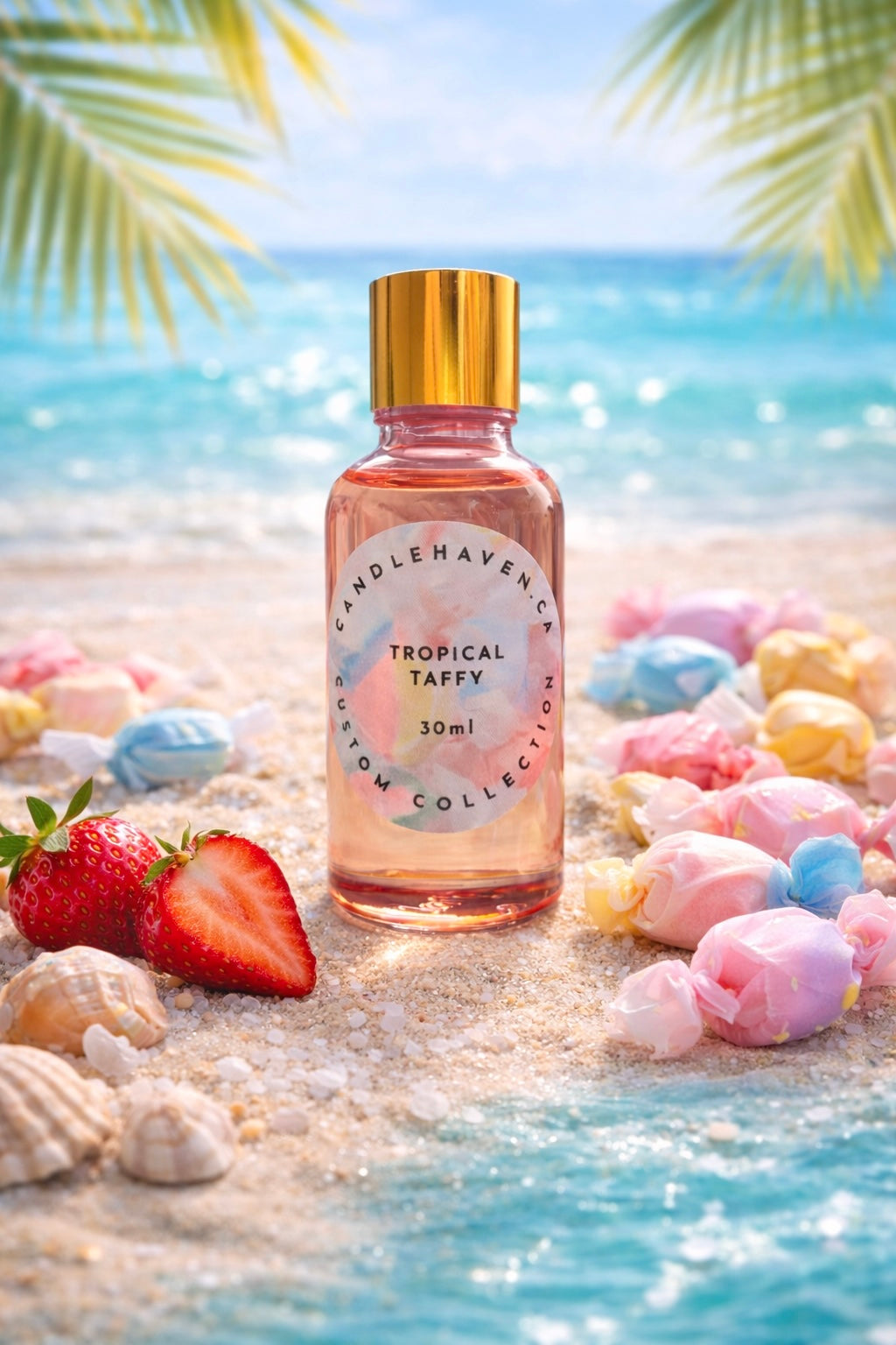 Bottle of Candlehaven.ca ‘Tropical Taffy’ candle fragrance oil on a beach with seashells and strawberry