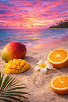 Tropical fruits on a sandy beach with a colorful sunset sky depicting a tropical fragrance oil for candle making 