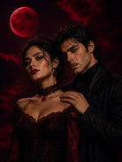 A gothic-style portrait of a man and woman in dark clothing under a large red moon depicting Vampire's Kiss Fragrance Oil for candle making