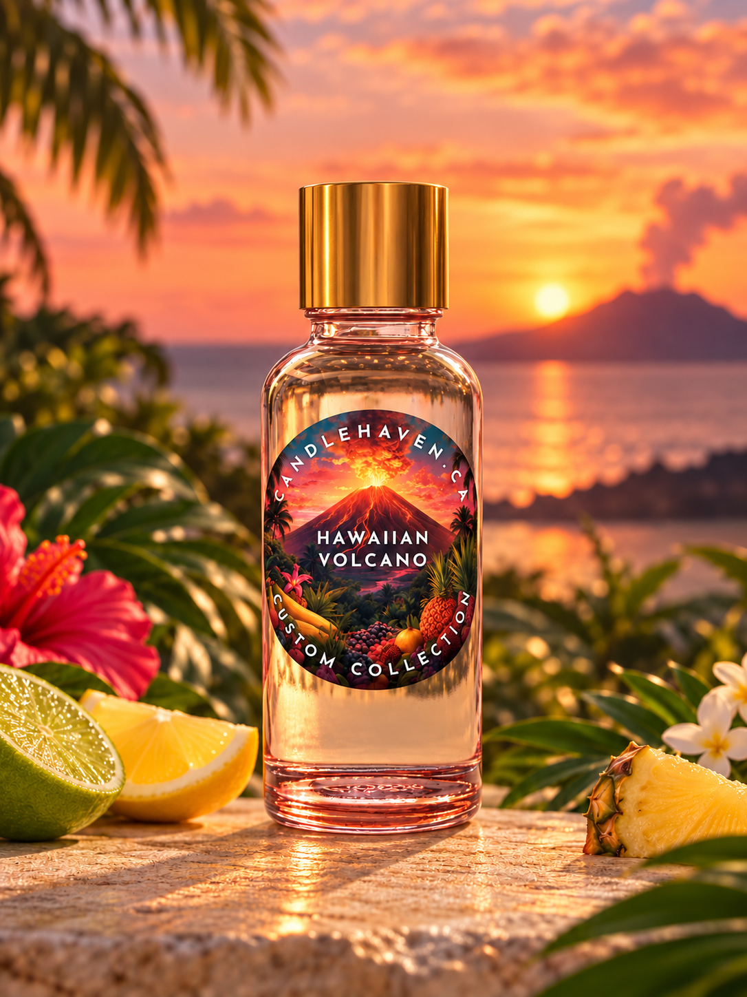 Candlehaven’s Hawaiian volcano fragrance oil for candle making in a pink bottle on a Hawaii landscape background. 
