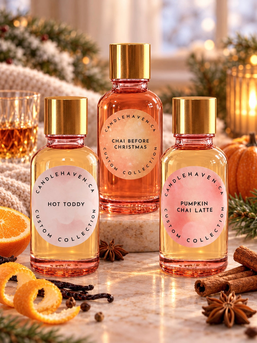 Warm & Cozy Drink Trio featuring Pumpkin Chai Latte, Hot Toddy and Chai Before Christmas fragrance oils from Candlehaven Canada.