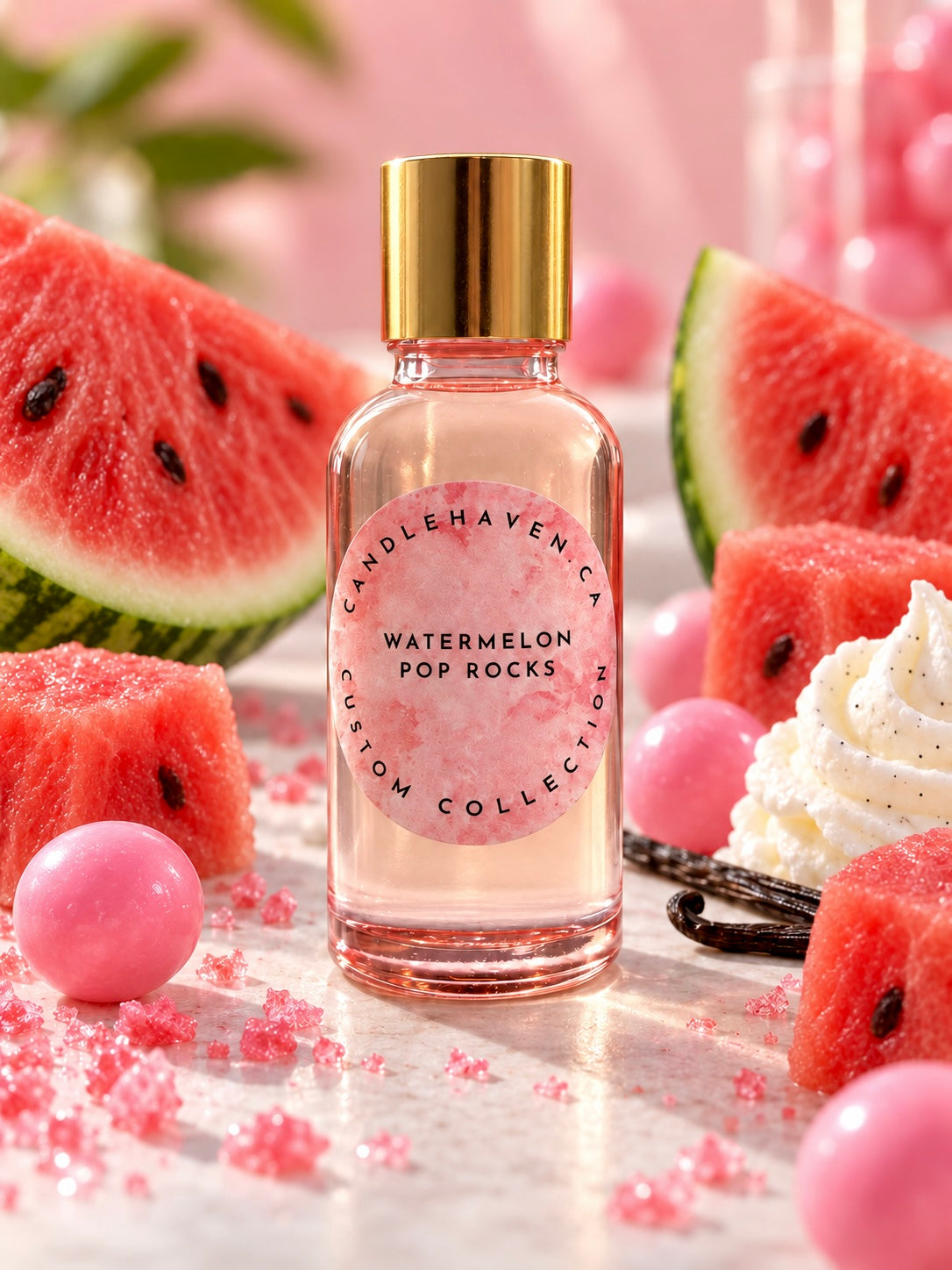 Bottle of watermelon pop rocks fragrance oil by candlehaven.ca used for candle making stages on a background of watermelon slices and bubble gum. 