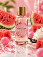 Bottle of watermelon pop rocks fragrance oil by candlehaven.ca used for candle making stages on a background of watermelon slices and bubble gum. 