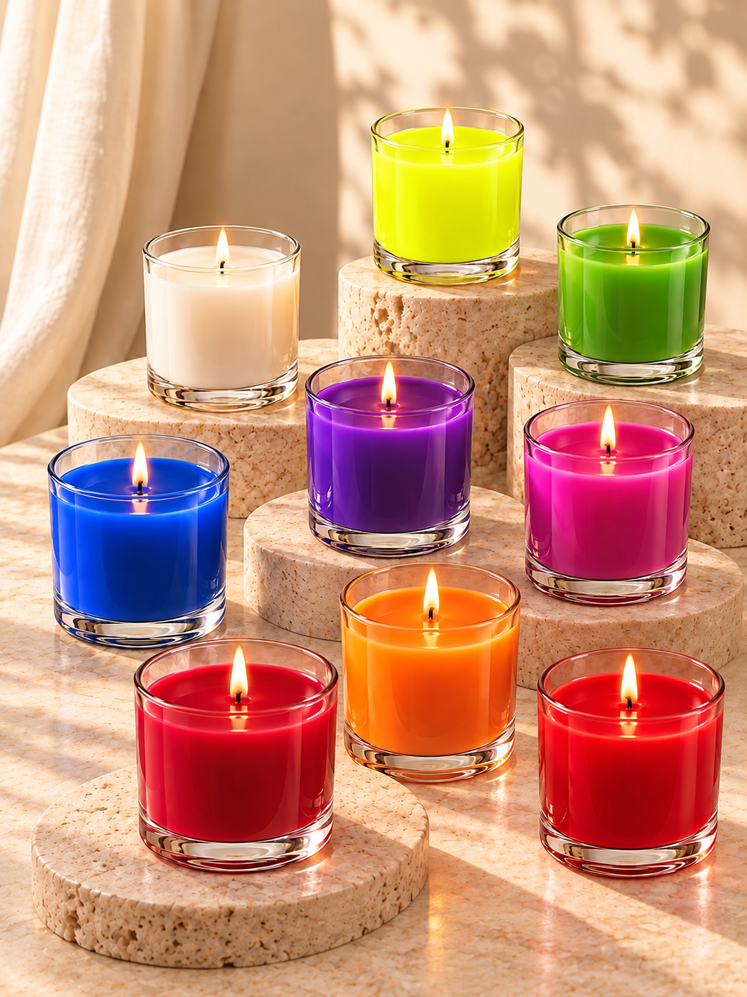 Candles coloured all colours of the rainbow using wax dye chips from
candlehaven.ca