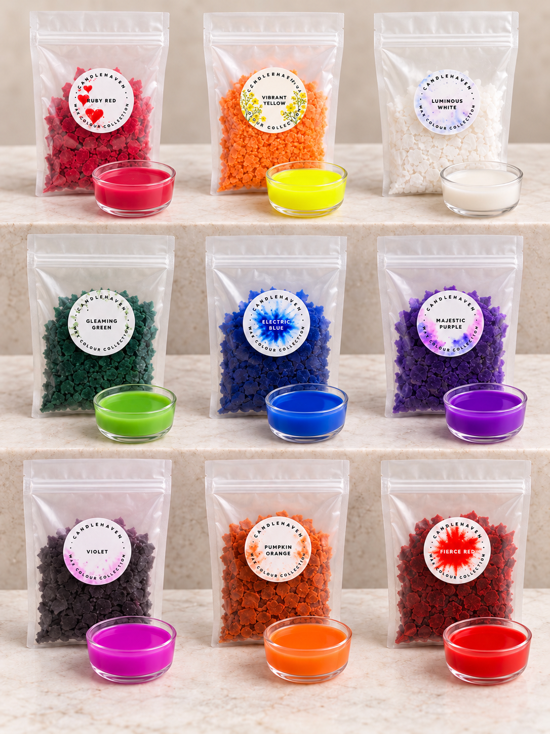 9 shade of wax dye chips and little cups of wax showing the shade of the wax dye chips