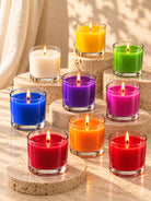 9 different coloured container candles to depict wax dye chips