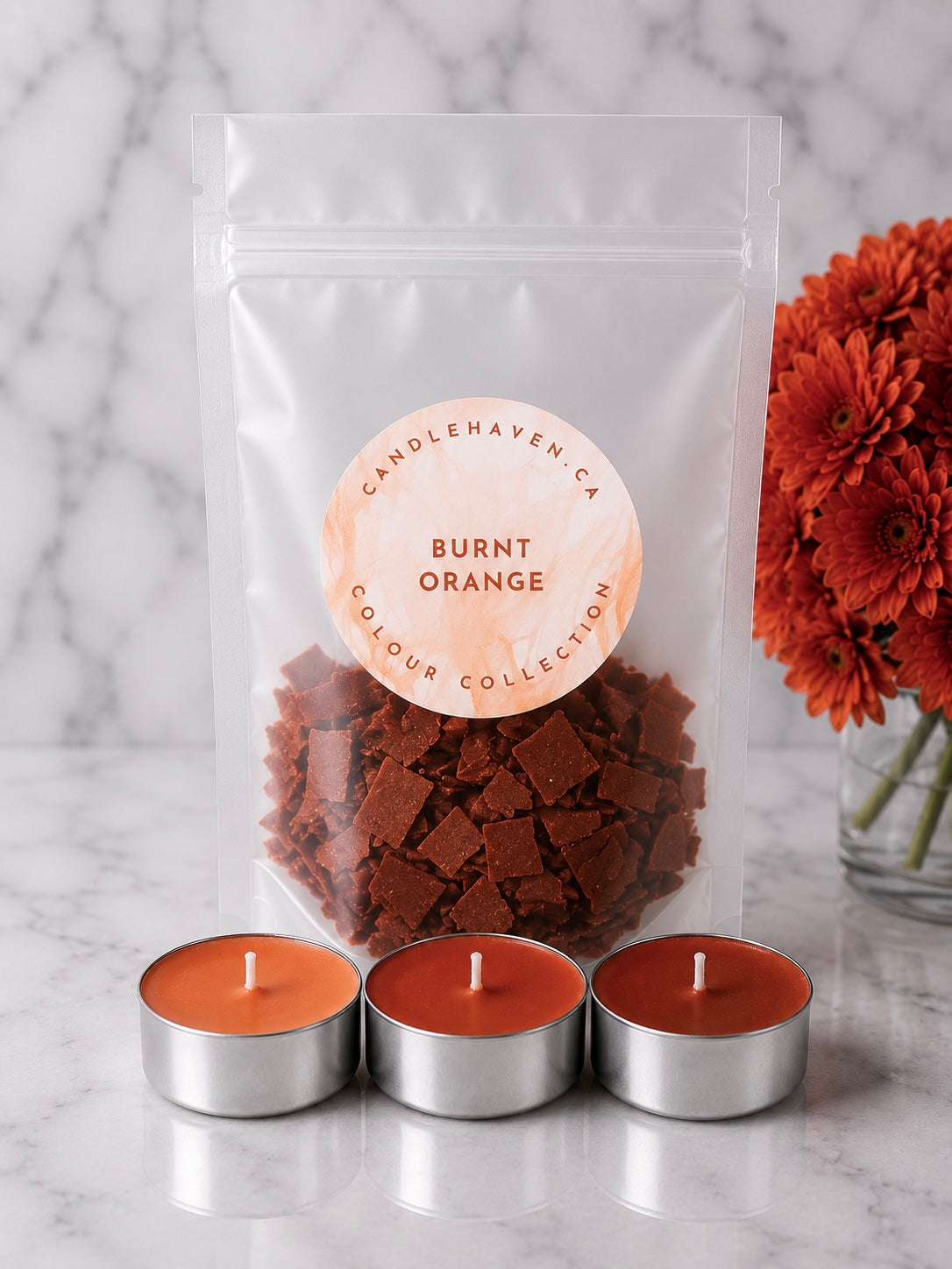 Burnt orange concentrated wax dye chips by Candlehaven.ca