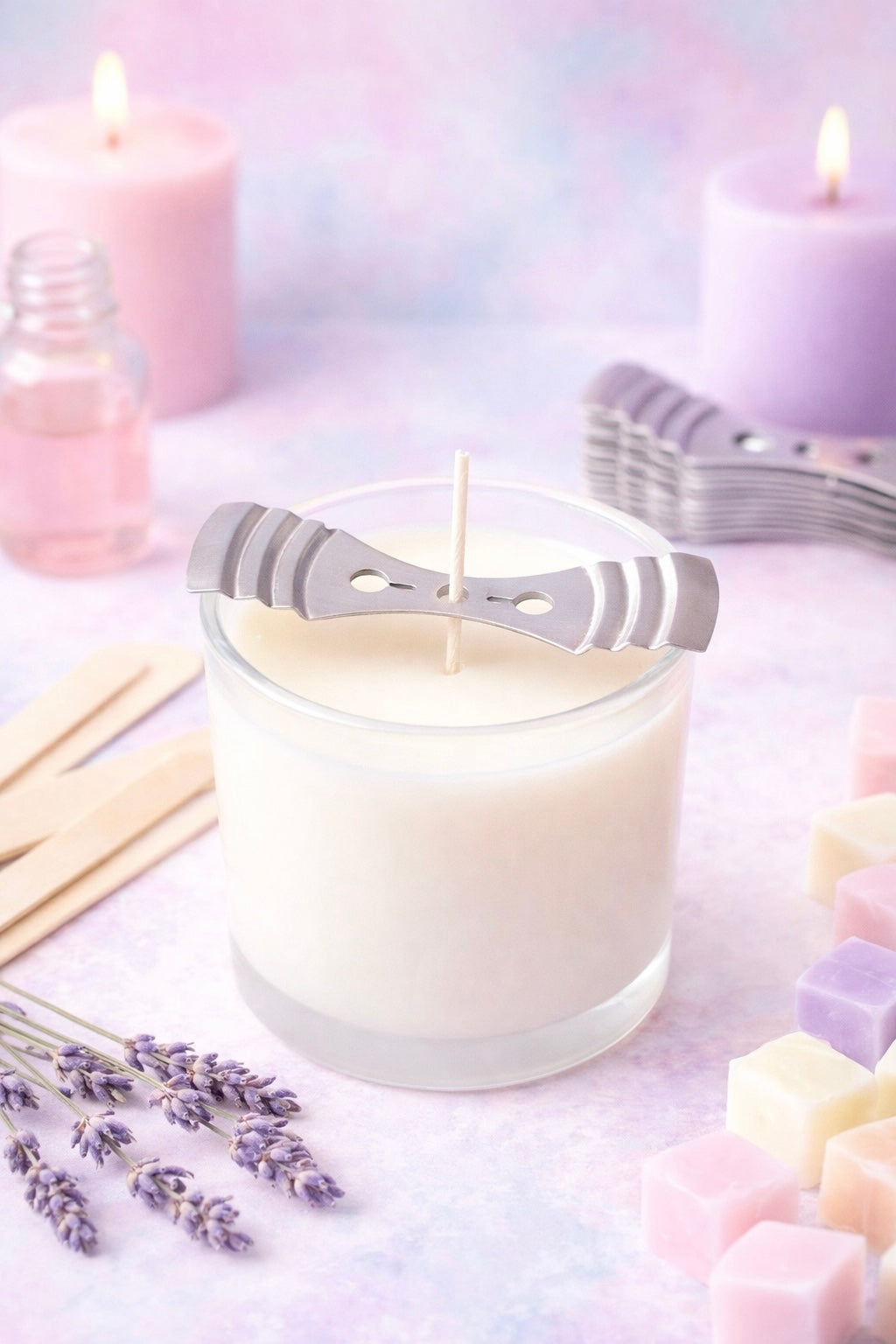 Candle with a wick centering device surrounded by lavender flowers and pastel-colored items on a soft pink background