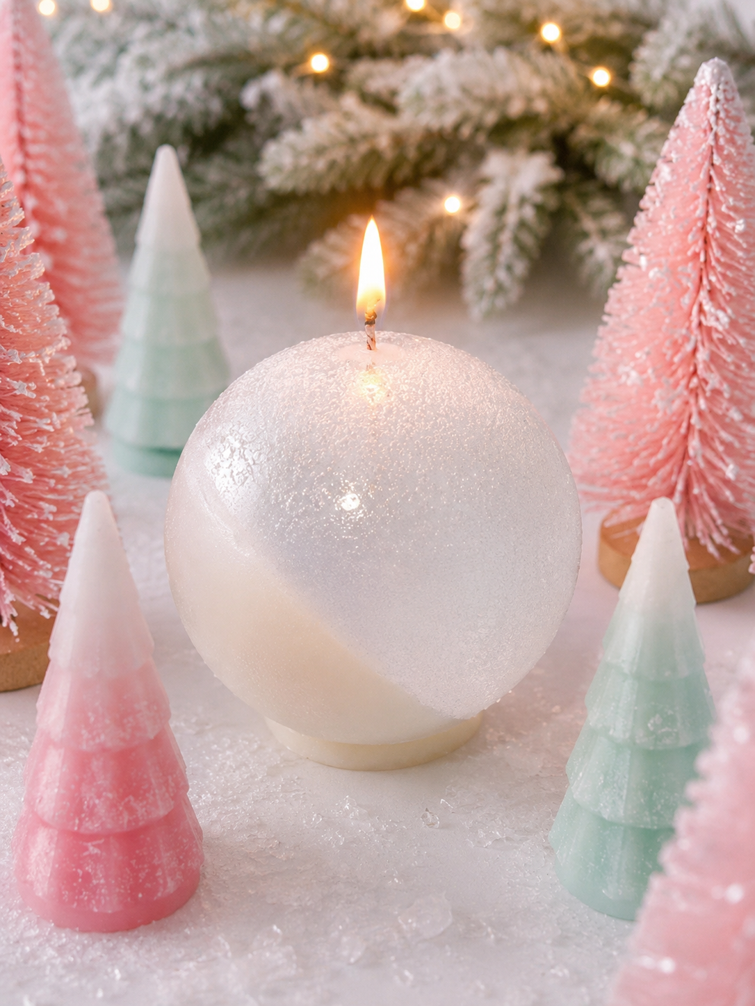 Decorative Christmas scene with a white candle, pink and green trees, and snow-like surface.