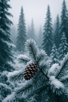 Snow-covered pine branch with a pine cone against a forest background