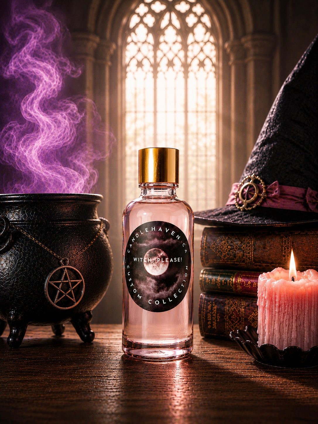 Bottle of 'Witch, Please' fragrance oil on a table with a cauldron, books, and candle.