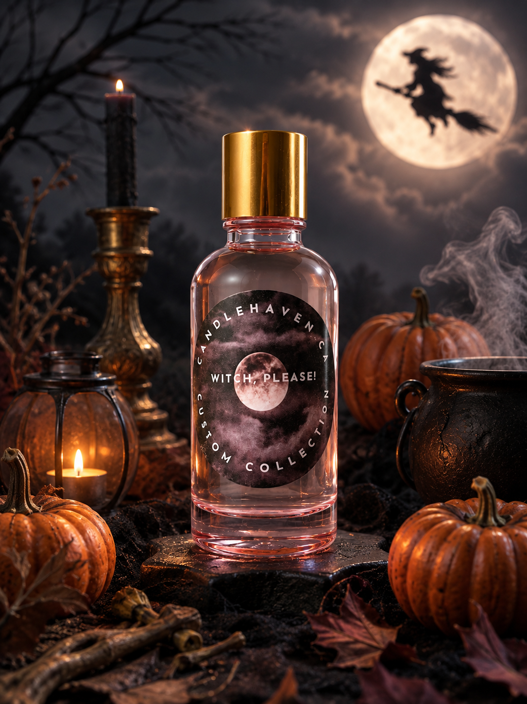 Halloween themed bottle of Candlehaven’s fragrance oil ‘Witch, Please’ with pumpkins, candles, and a full moon in the background