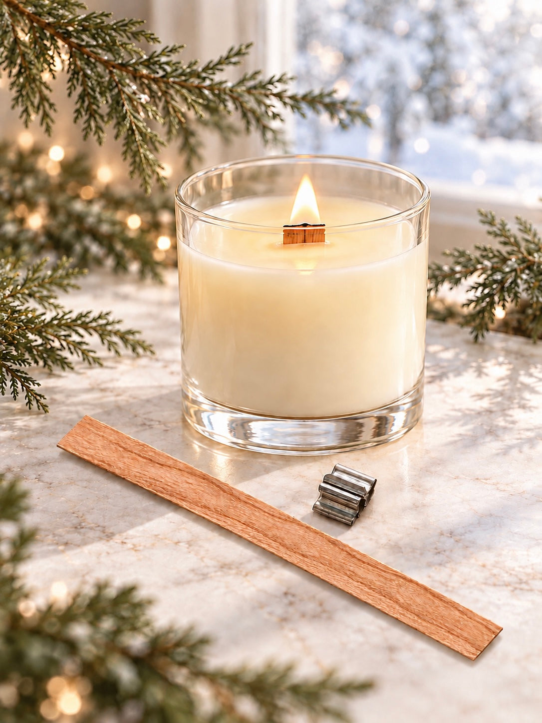 Wooden wick laying flat with a wick clip in front of a white wood wick candle with cedar in the background. 