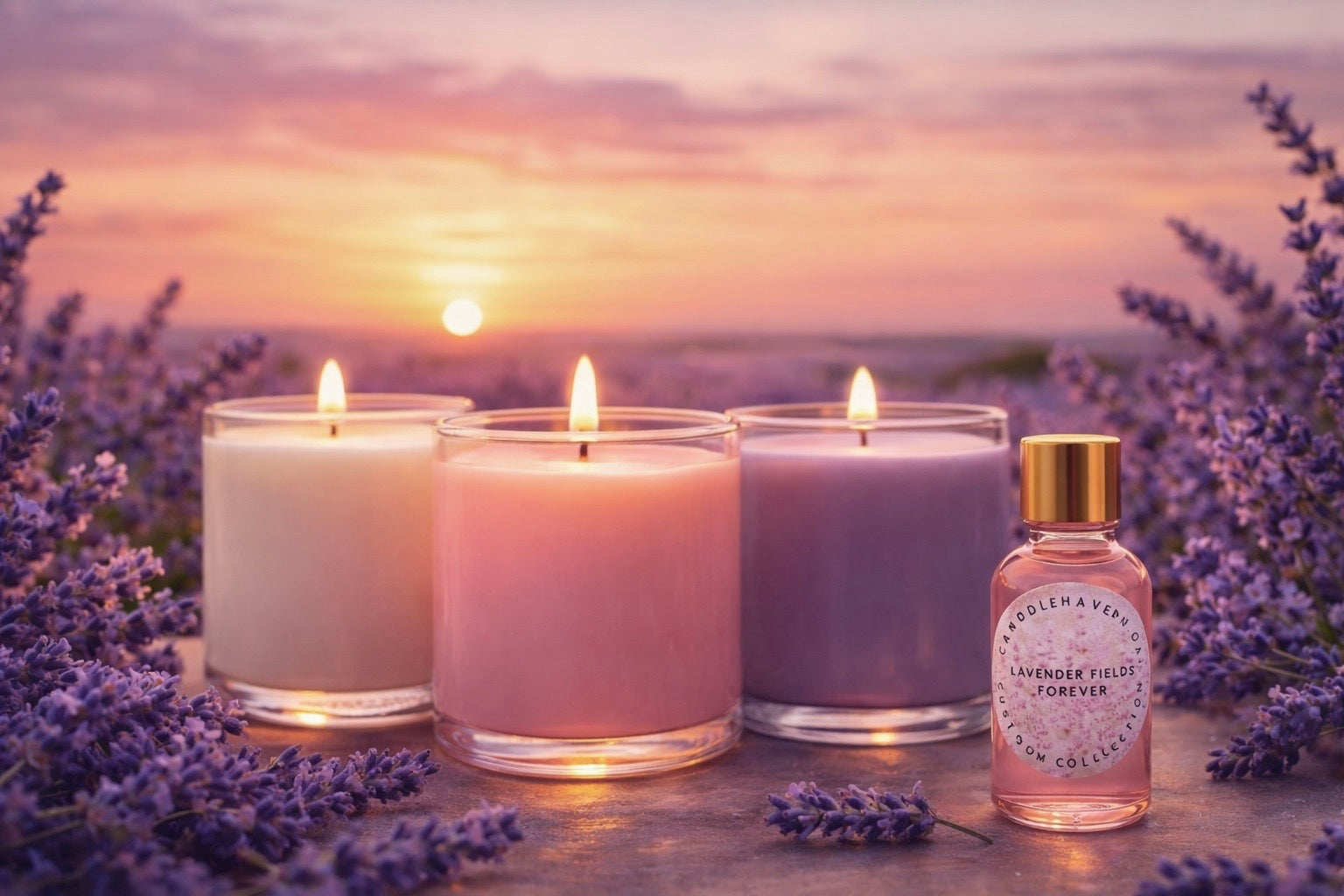 Three lit candles and a bottle of Lavender Fields Forever fragrance oil by Candlehaven.ca on a wooden surface with lavender flowers and a sunset in the background.